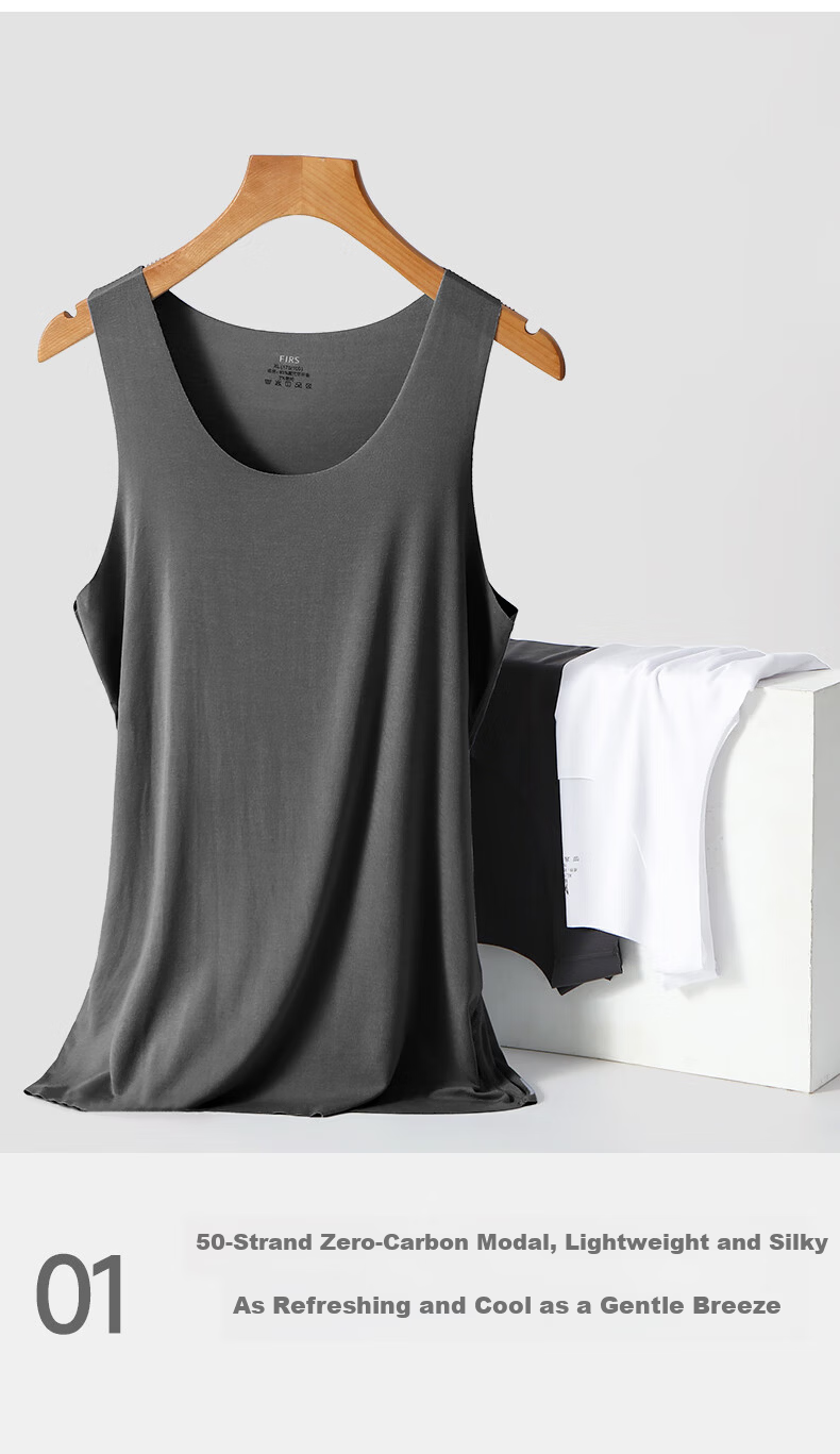 FIRS Men's Vest [80S Lenzing Modal] Round Neck High Elasticity Cooling Breathable Seamless Base Layer Tank Top Plus Size 6
