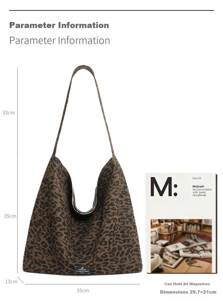 Miaodi Relaxed Lazy Style Leopard Print Large Capacity Double-Sided Shoulder Commuter Canvas Tote Bag Women's Underarm Hobo Bag 23