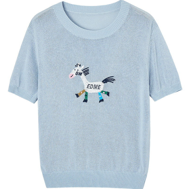 Demana Linen Lyocell Blend Spring Cute Colorblock Embroidered Slimming Short Sleeve Knit Sweater for Women