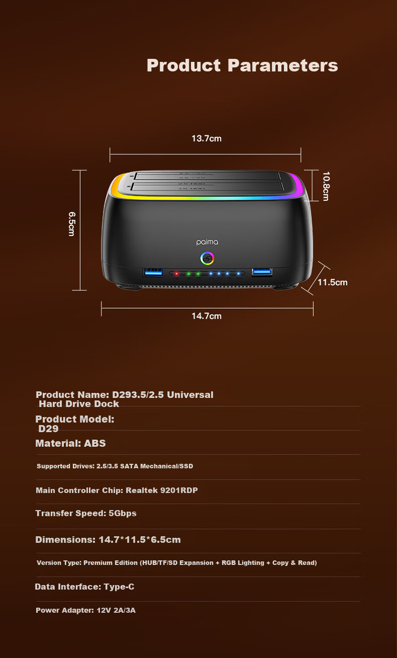 Paima 2.5/3.5 Inch Hard Drive Dock SATA SSD HDD External Enclosure Dual Bay Copy Machine for Laptop Desktop 12