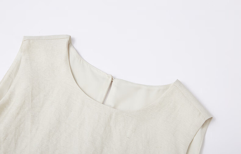 Demana [with Natural Wind Linen] Summer Design Patchwork False Two-Piece Sleeveless Off-Shoulder Waterdrop Button Cake Dress 9