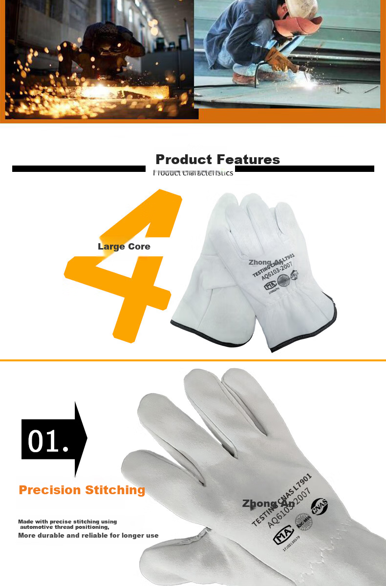 ZhongAn Short Sheepskin Welding Gloves Wear-Resistant Heat-Resistant High-Temperature Welder Gloves HF201 5 Pairs Pack 2