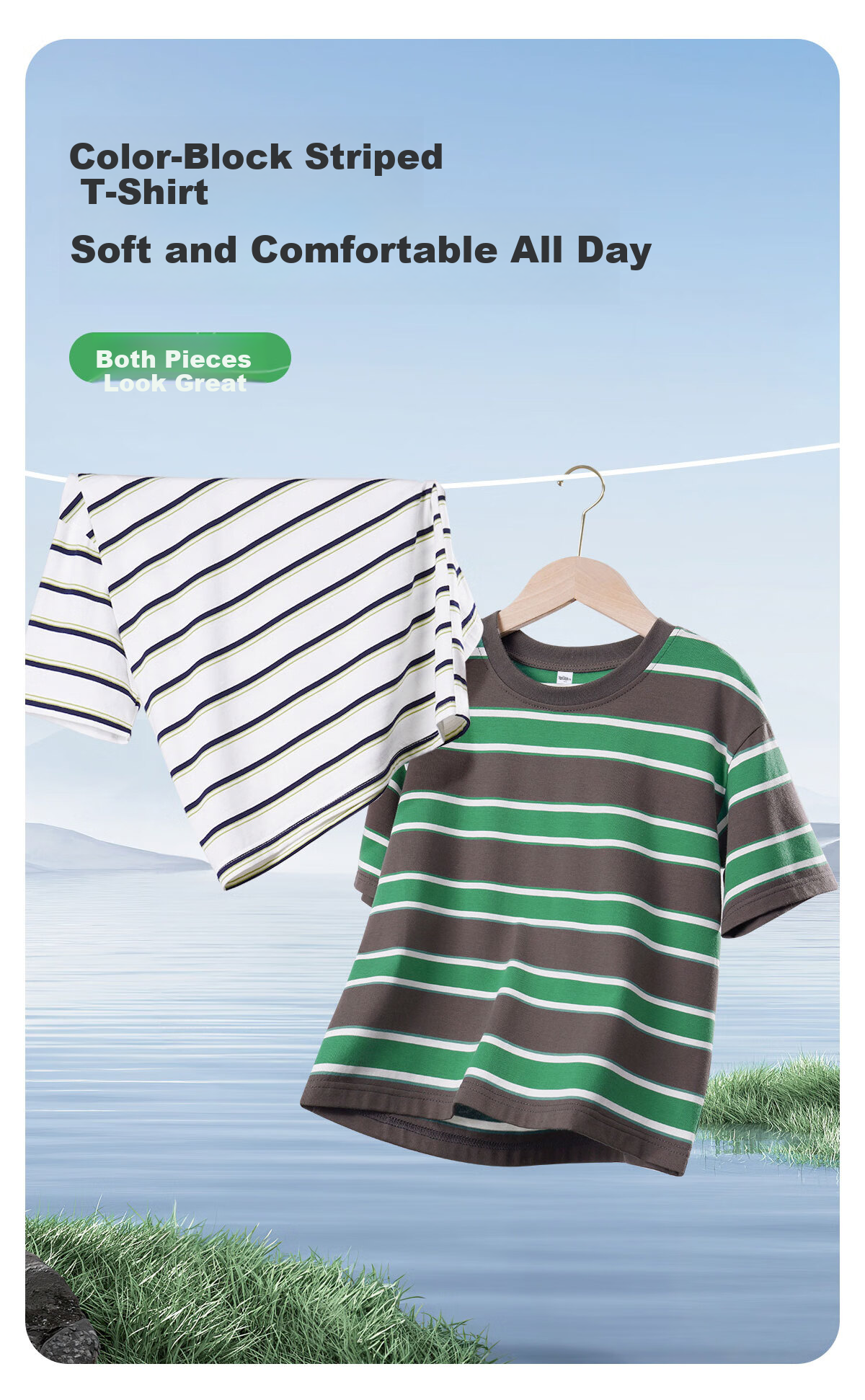 Langsha Autumn New Boys Casual Set Striped T-Shirt Outdoor Cargo Pants Green Gray 160 8