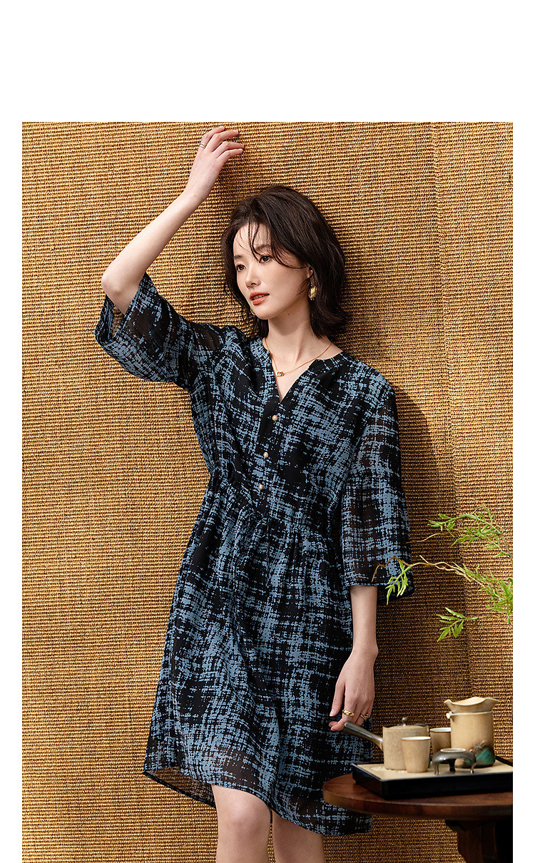 Demana Vintage Urban Spring Lightweight V-Neck Puff Sleeve Waist-Defined Slimming Chiffon Women's Dress 4