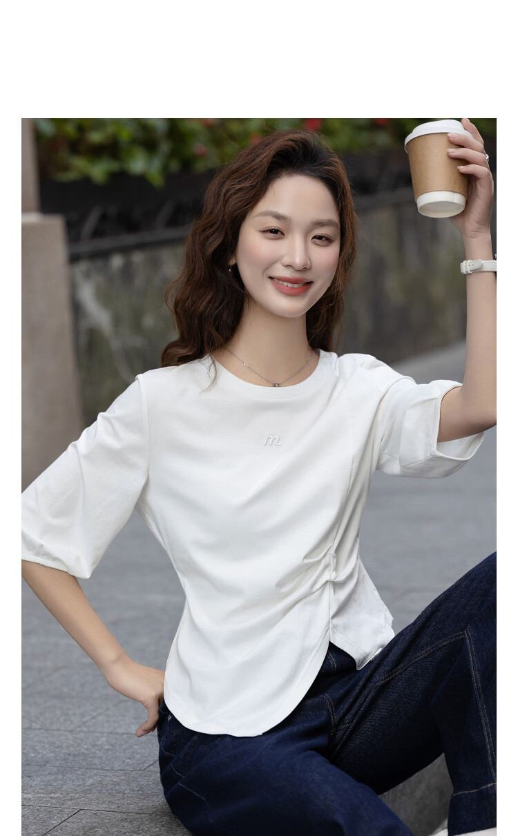 Demana [Sorona Breathable] Spring Simple Style Round Neck Ruched Embroidery Mid Sleeve Petite Women's T-Shirt 11