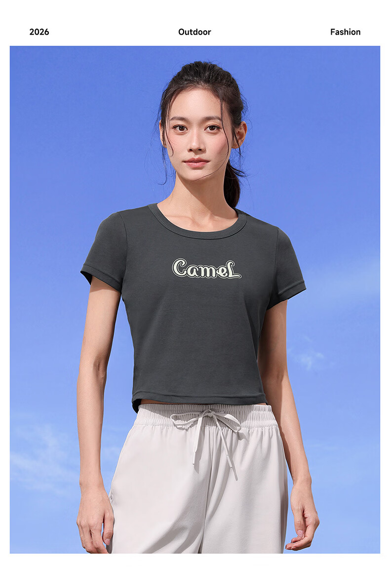 CAMEL Cotton-Feel Sports T-Shirt for Women Quick-Dry Breathable Casual Short Sleeve Top Y26BAVLZ020 Truffle Gray XL 17
