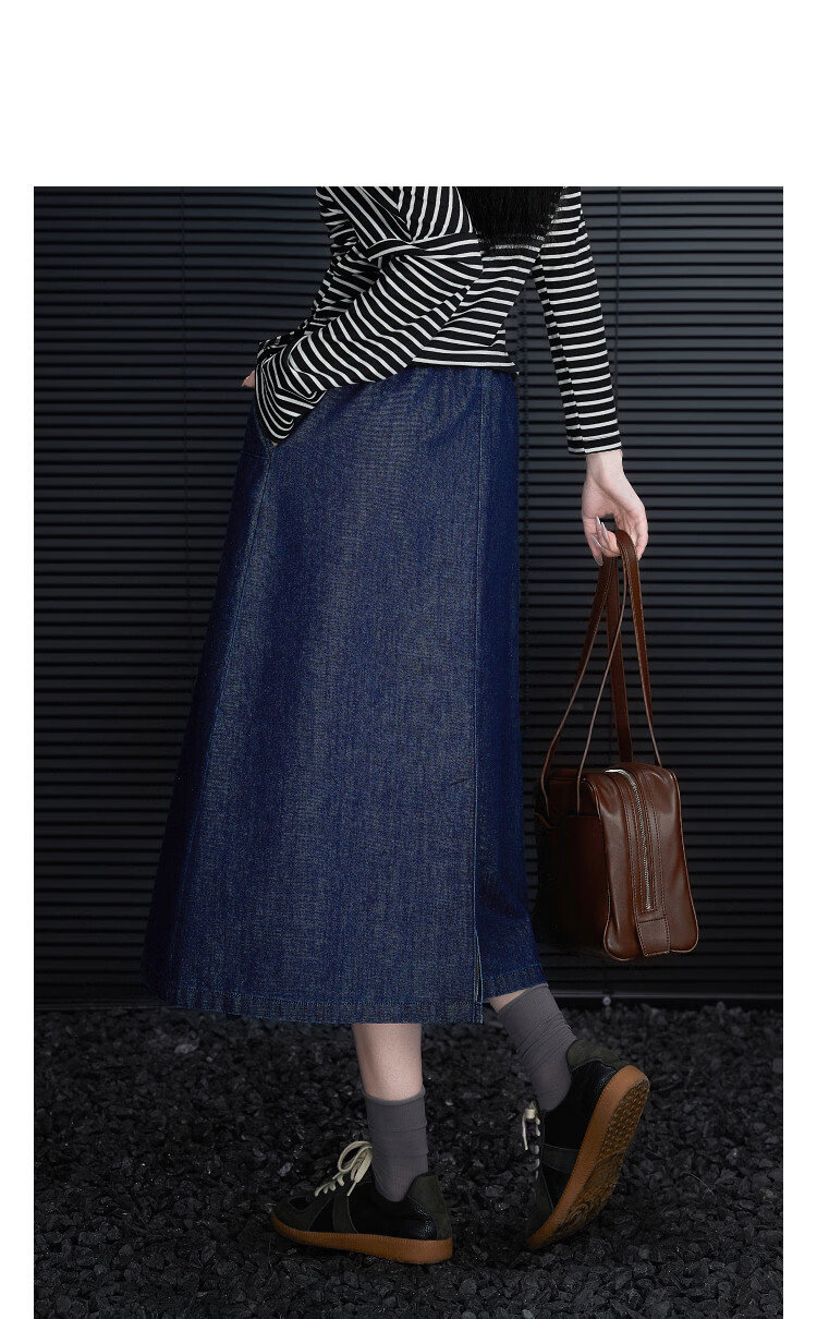 Demana [Cloud Soft Cotton Blend] Spring Korean Style Colorblock Drawstring Elastic Waist Petite Loose Women's Denim Midi Skirt 11