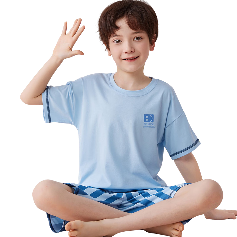 MiiOW Children's Pajamas, Boys' Short-Sleeve Set, Summer Modal Sleepwear for Older Kids, Happy Gesture Design, Size 160