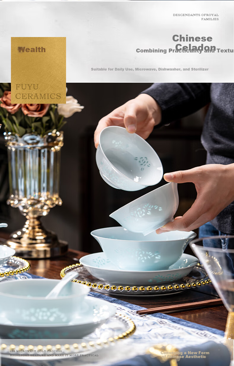 Fuyu Ceramics Jingdezhen Celadon Exquisite Porcelain Dinnerware Set Underglaze Color Bowls and Plates Home Set Gift Qing Celadon Jade Peony 16-Piece 7