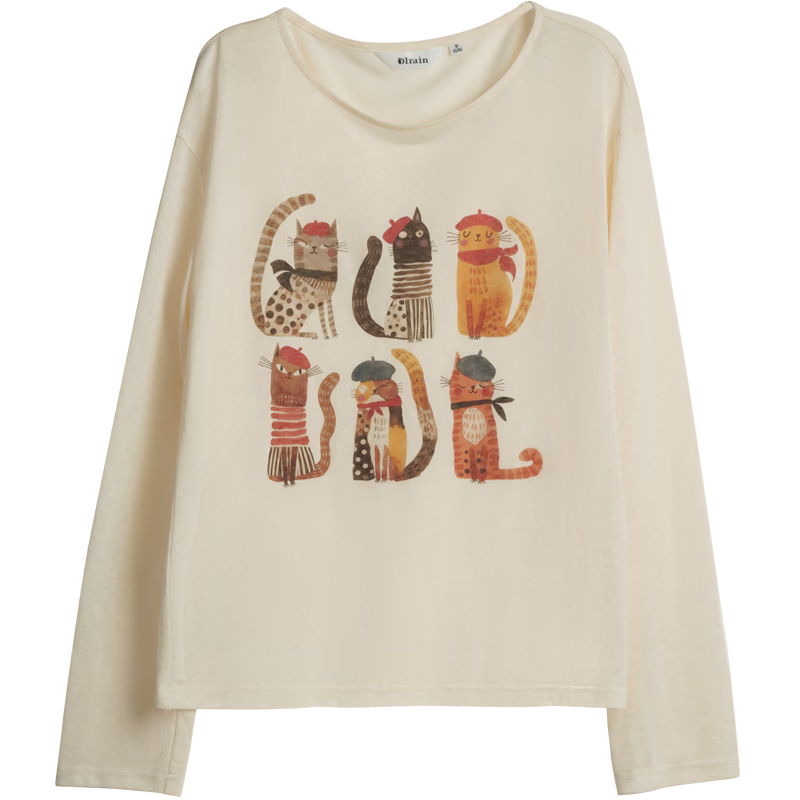 Olrain Tencel Casual Cat Print Long Sleeve T-Shirt Women Summer Large Round Neck Drop Shoulder Top Apricot L