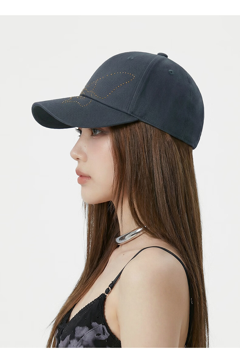CACUSS Women's Baseball Cap Butterfly Rhinestone Cotton Soft Top Face Slimming Adjustable Strap Dark Gray 10