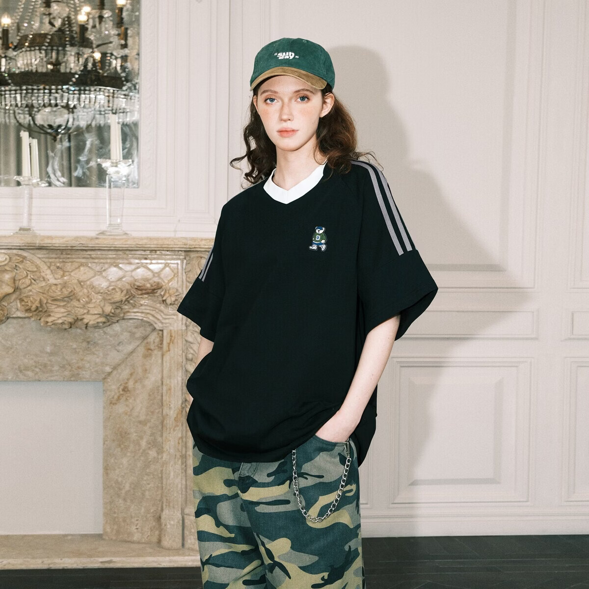 ICH MODE Raglan Stripe V-Neck Short Sleeve T-Shirt Women Summer Bear Series Sorona Cooling Top Black M