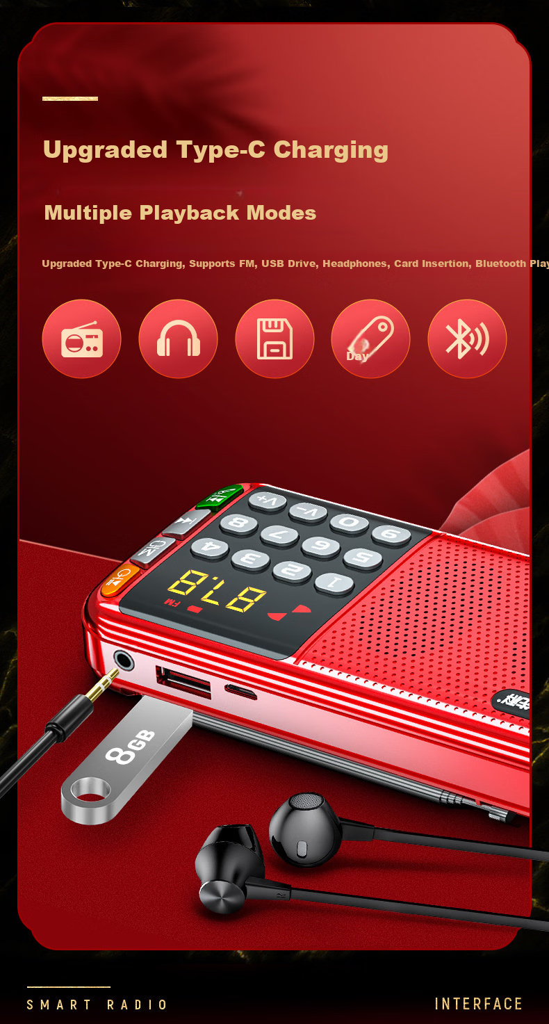 SAST N28 Portable Mini Radio for Elderly, Rechargeable Card Player, FM Broadcast, Music Player, Semiconductor Opera Player, Rose Gold + 8GB Memory Card 8