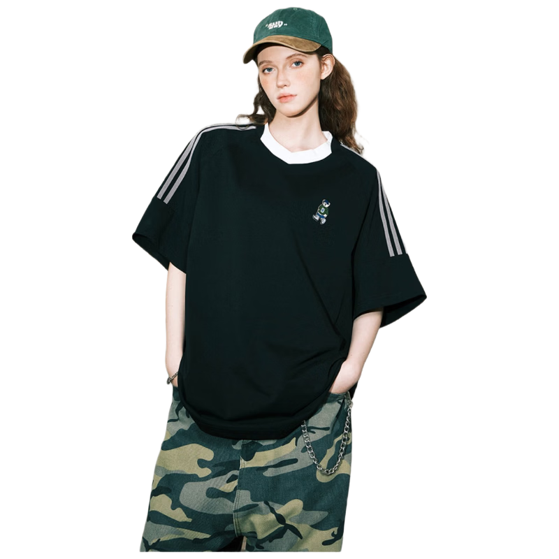 ICH MODE Raglan Stripe V-Neck Short Sleeve T-Shirt Women Summer Bear Series Sorona Cooling Top Black XL