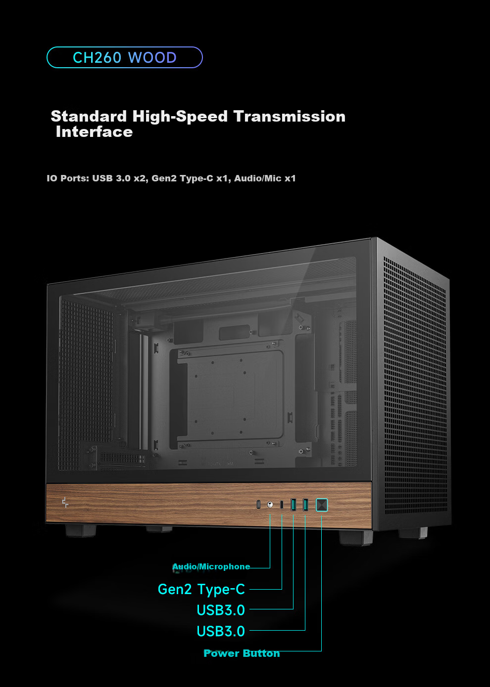 DEEPCOOL CH260WOOD Black Case Compatible with Backplate Motherboard / 360mm Water Cooling / ATX Power Supply / 174mm Air Cooling / Wood Grain Finish I/O Interface 10
