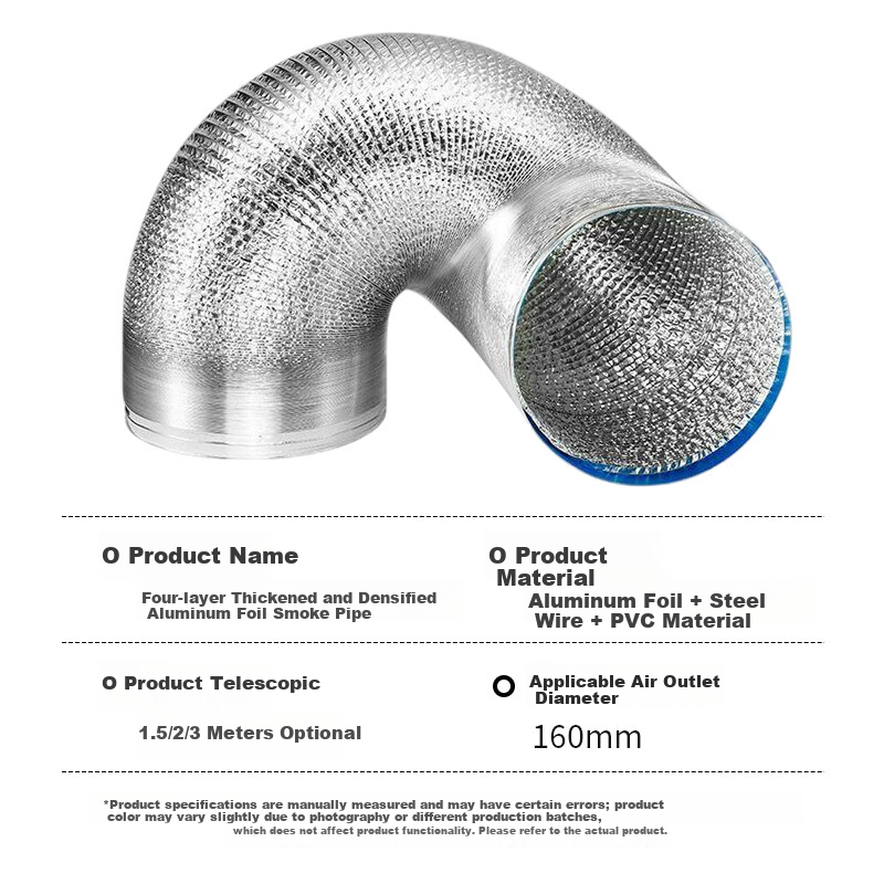 Pupai Range Hood Exhaust Pipe Four-Layer Thickened Aluminum Foil Duct Kitchen Common Smoke Duct Oil Smoke Extractor Exhaust Pipe Chimney Telescopic Flexible Hose Outlet 160mm*2m + Accessories