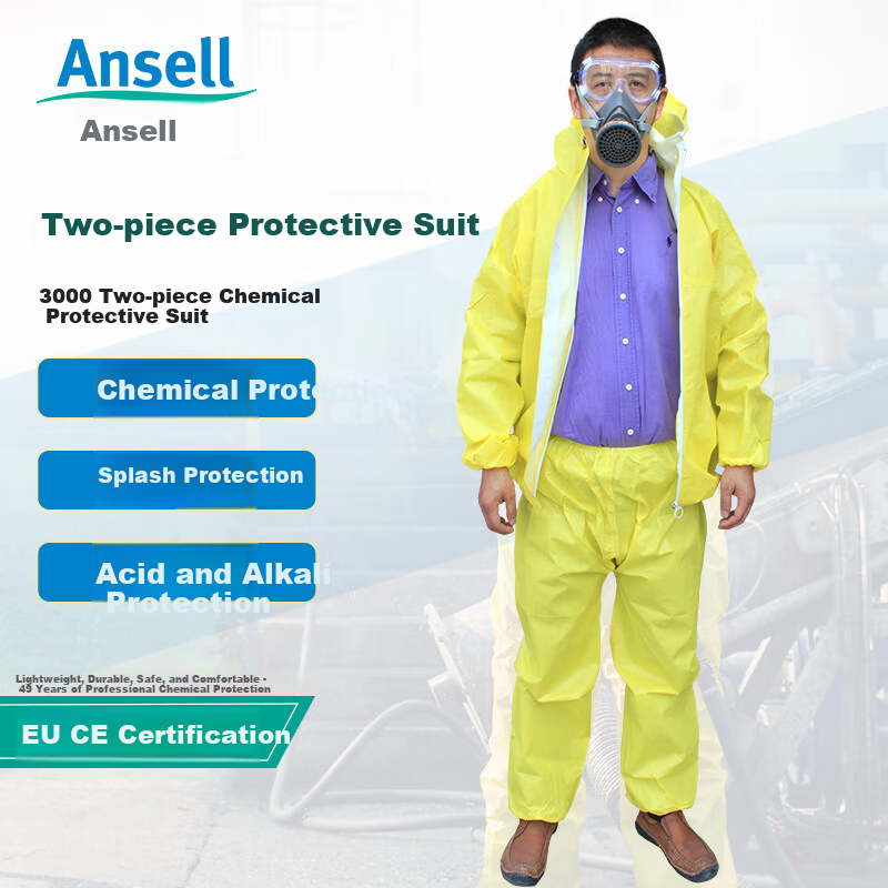 Ansell 3000 Two-Piece Protective Suit C-Level Hazardous Chemicals Transport Acid-Resistant and Alkali-Resistant Chemical Protective Suit Laboratory Workwear Two-Piece Chemical Protective Suit S