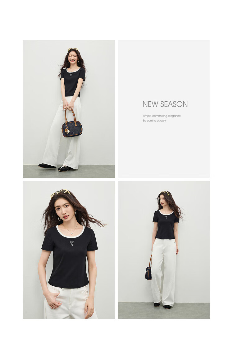 Shangdu Bila Colorblock U-Neck Cotton Blend T-Shirt Women Spring Bow Embroidery Stretch Knit Top Gentle Youthful Temperament Layering 16