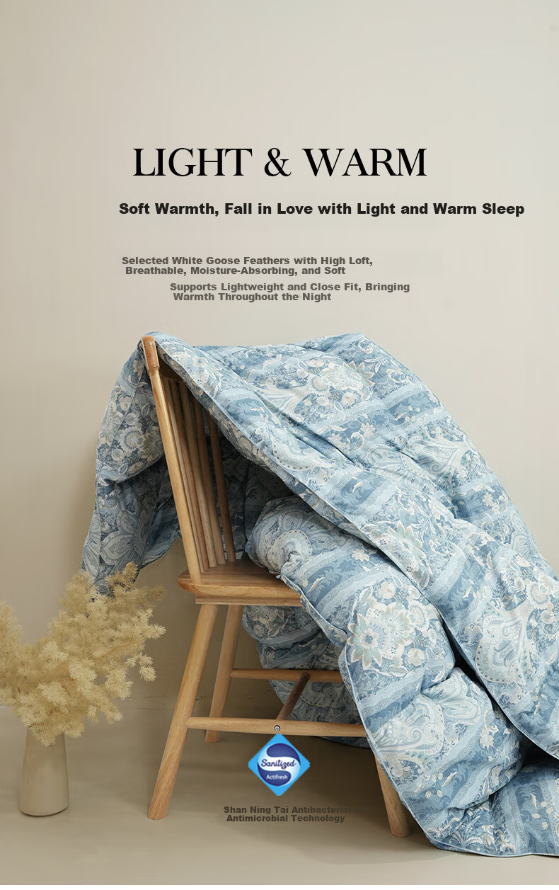 VCD Comforter, 100% White Goose Down Duvet, Spring And Autumn Quilt, 650g Filling, 1.5*2.1 Meters, Blue Floral Print 1