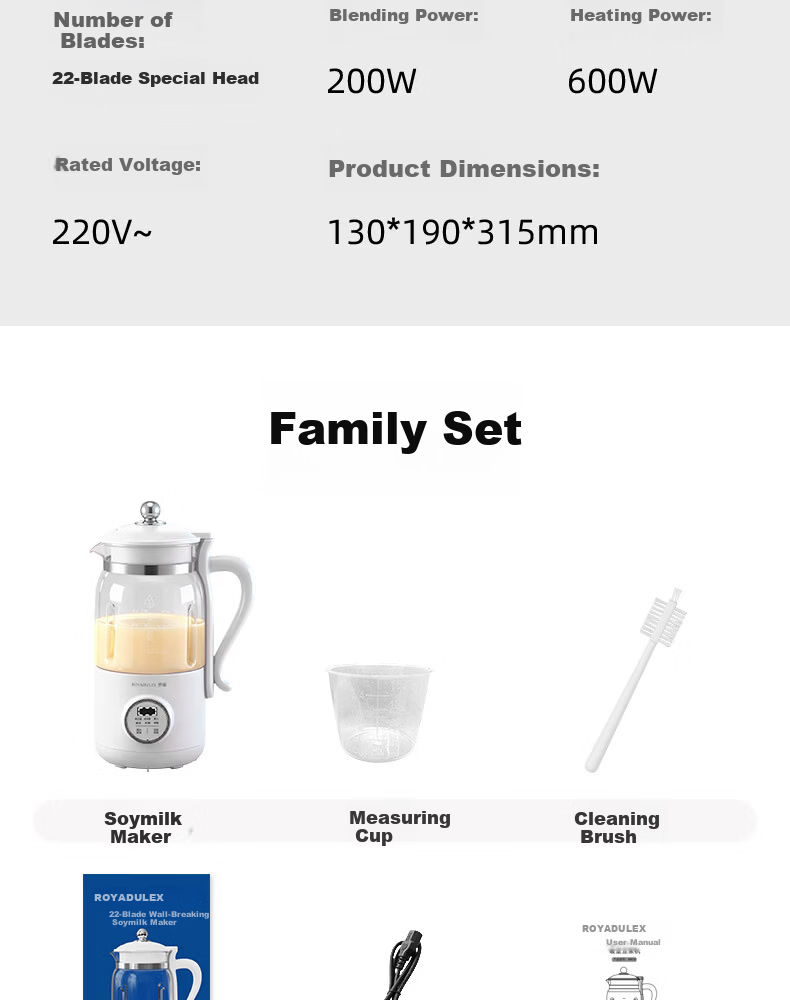 ROYALTY LINE 22-Blade Soy Milk Maker and Blender Titanium Coating 1L Fully Automatic Noise-Reducing Multifunctional Food Processor for 2-4 People White 27