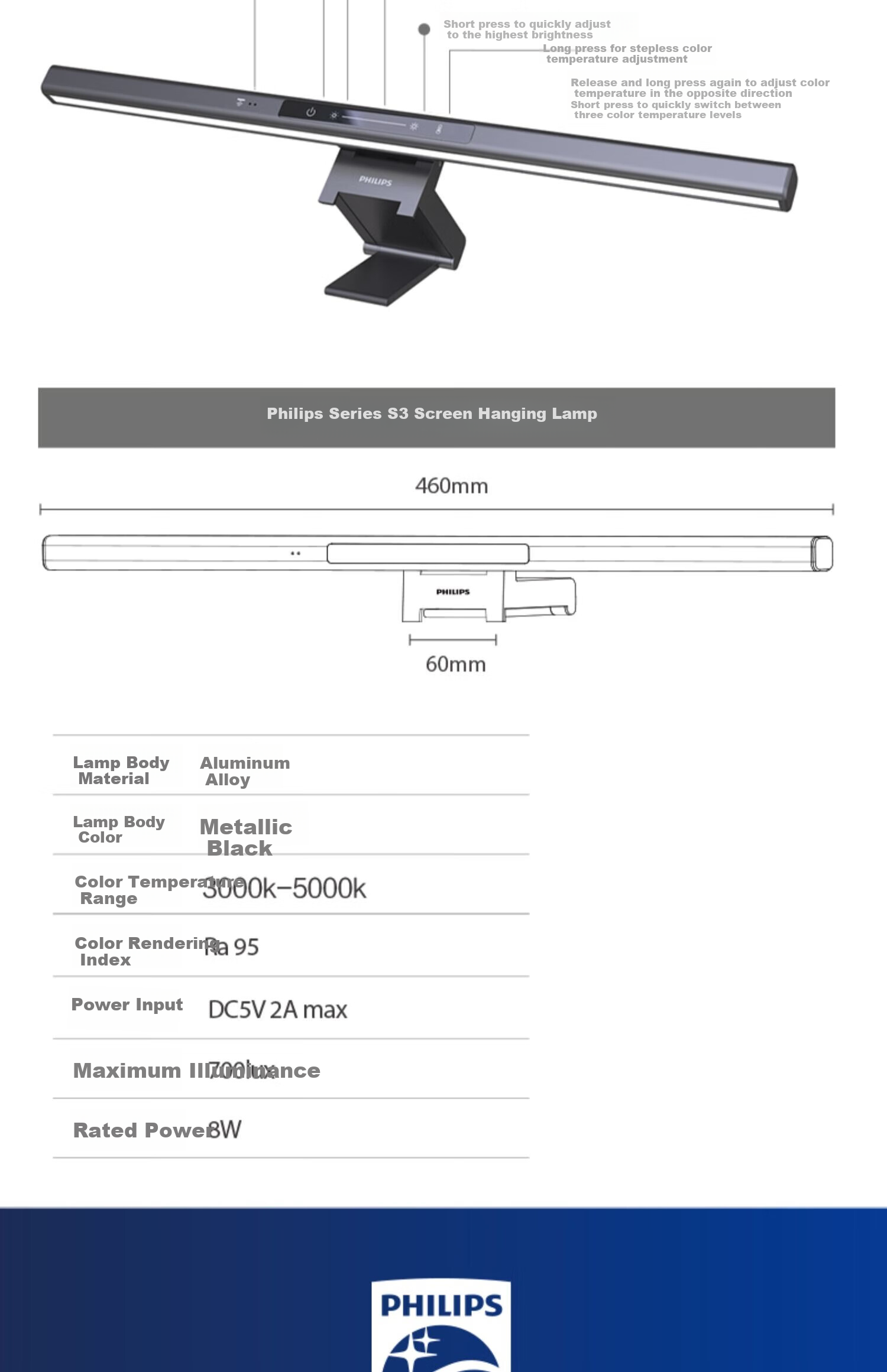 PHILIPS LED Screen Display Monitor Hanging Lamp Computer Curved Display Laptop Smart Blue Light Protection Desk Lamp [High CRI Ra98] 10W Length 550mm 12