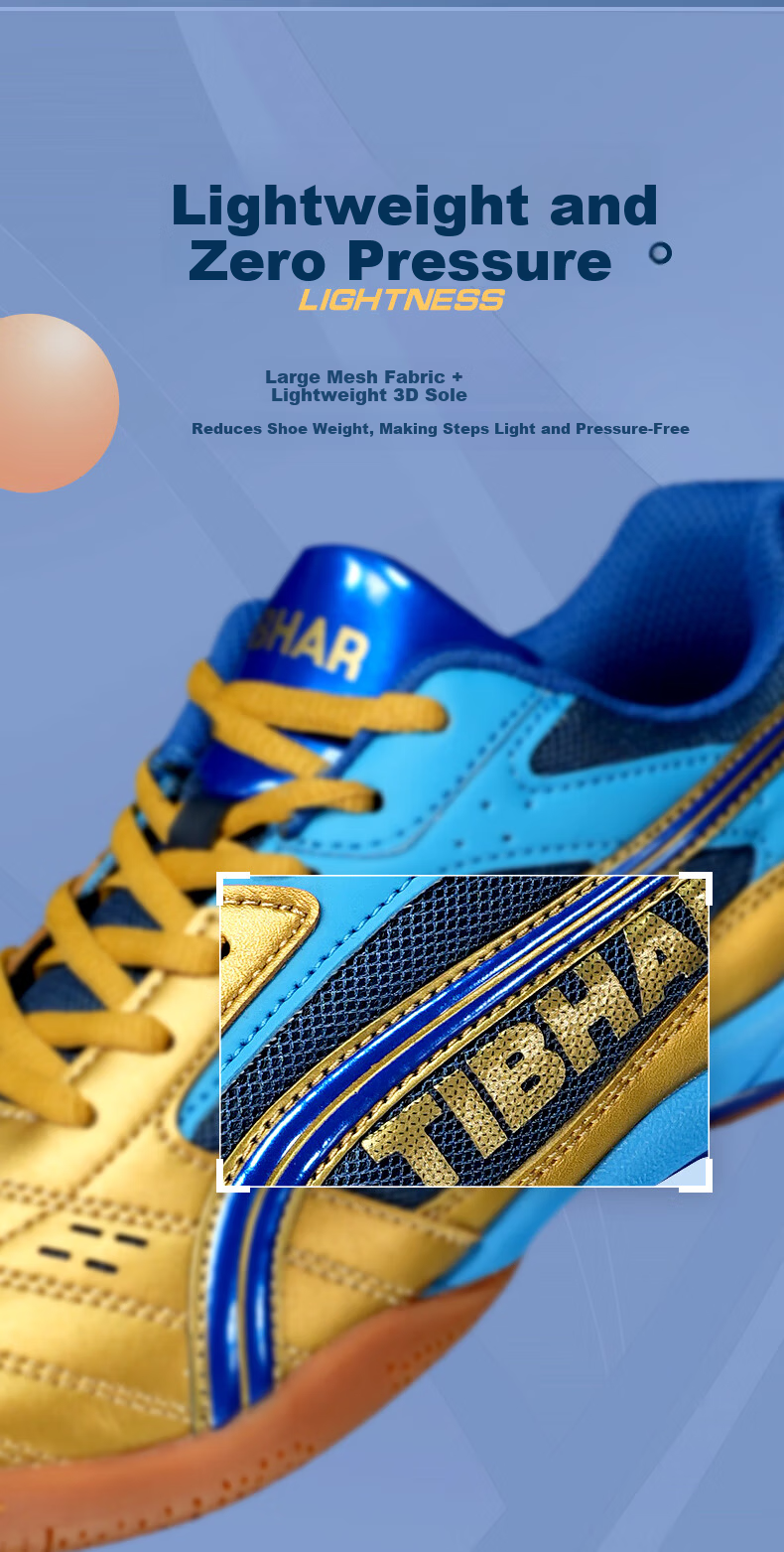 TIBHAR Professional Breathable Durable Table Tennis Shoes for Men and Women 01918 Blue Gold Size 37 3