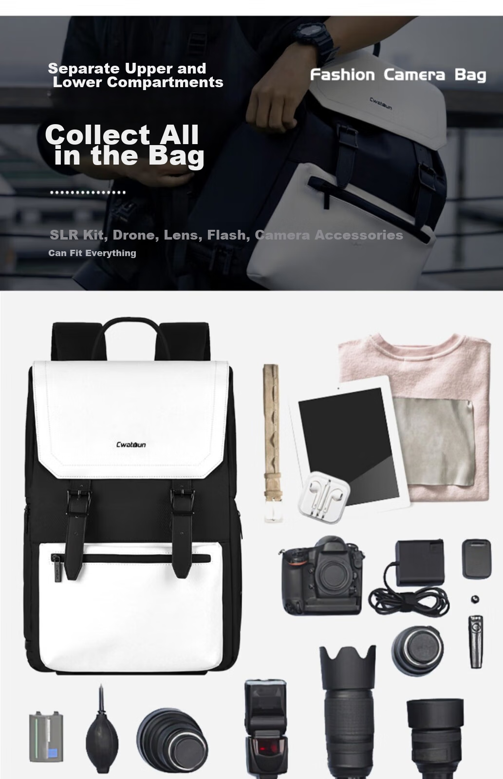 CWATCUN Camera Backpack, Dual-Shoulder Bag for Canon, Fuji, Sony, Photography Bag, Casual Commuter Anti-Collision Backpack, Stylish Upper And Lower Compartments, Suitable for Men And Wome 4