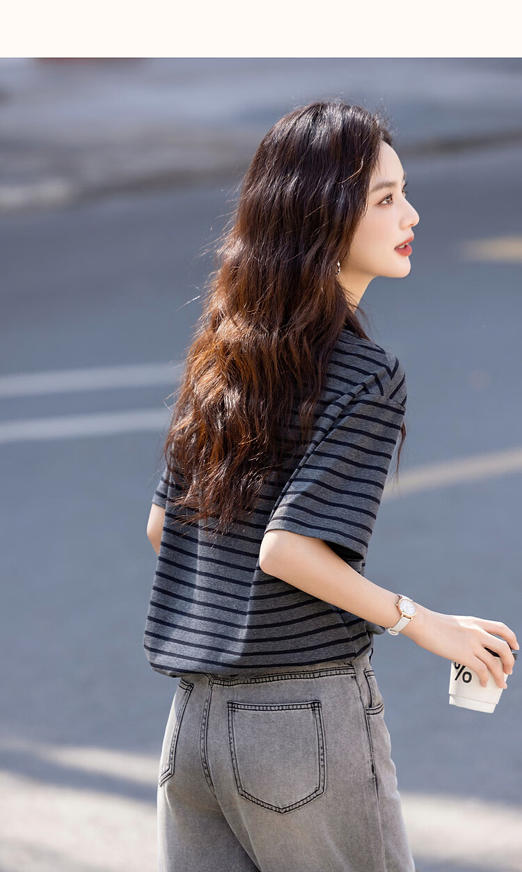 Demana [Sunshine Cotton] Summer Color-Block Crew Neck Five-Sleeve Base Shirt Loose Comfortable Women's T-Shirt for Petite 12