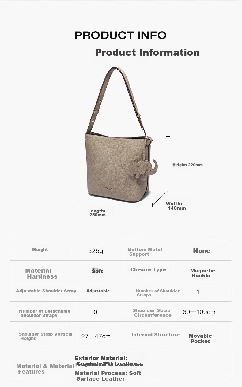 Belle Women's Simple Little Elephant Casual Bucket Bag Versatile Handbag for Mom X7258AX5 Gray 11