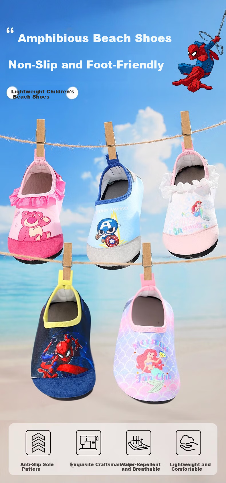 Disney Kids Beach Shoes Non-Slip Snorkeling Socks Boys Girls Swimming Water Shoes D95900 Pink Strawberry Bear XL 7