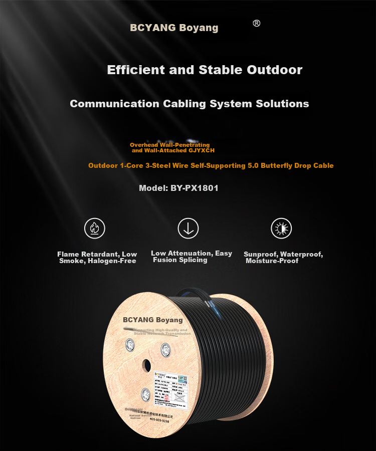 BOYANG GJYXCH-2B6 Butterfly Outdoor Self-Supporting 5.0mm Single-Mode Dual-Core Fiber Optic Cable, 2-Core 3 Steel Wires, Low Smoke Halogen-Free Fiber Optic Cable, 500m/Spool, Black BY-PX1802 1
