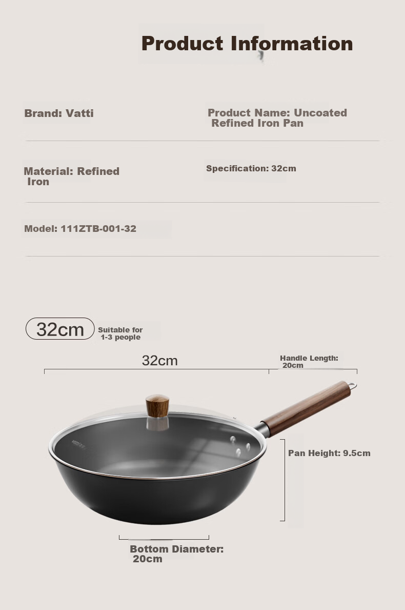 VATTI Titanium Iron Wok Non-Coated Non-Stick Stir Fry Pan Nitride Rust-Resistant Compatible with Gas Stove and Induction Cooker 14