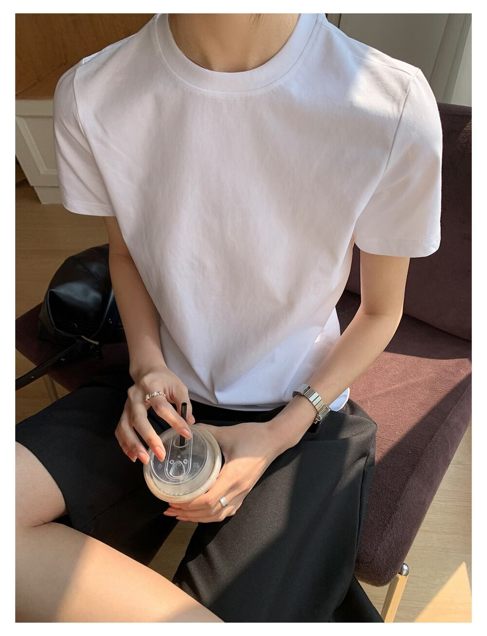 ICH MODE Minimalist Paper Doll Short Sleeve Women's T-Shirt Summer Simple Cool Base Shirt Solid Color White S 19