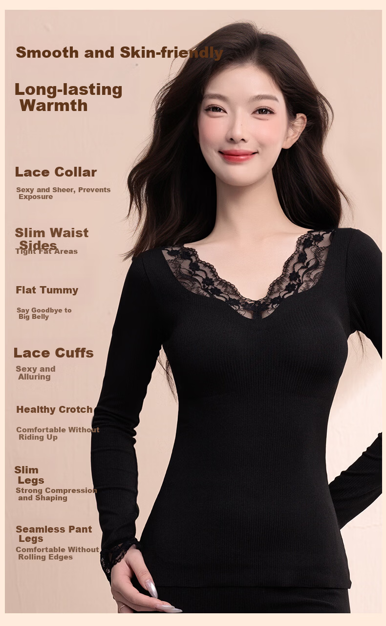 OEING Women's Thermal Underwear Lace V-Neck with Chest Pad Bra-Free Versatile Base Layer Autumn Warm Set 4