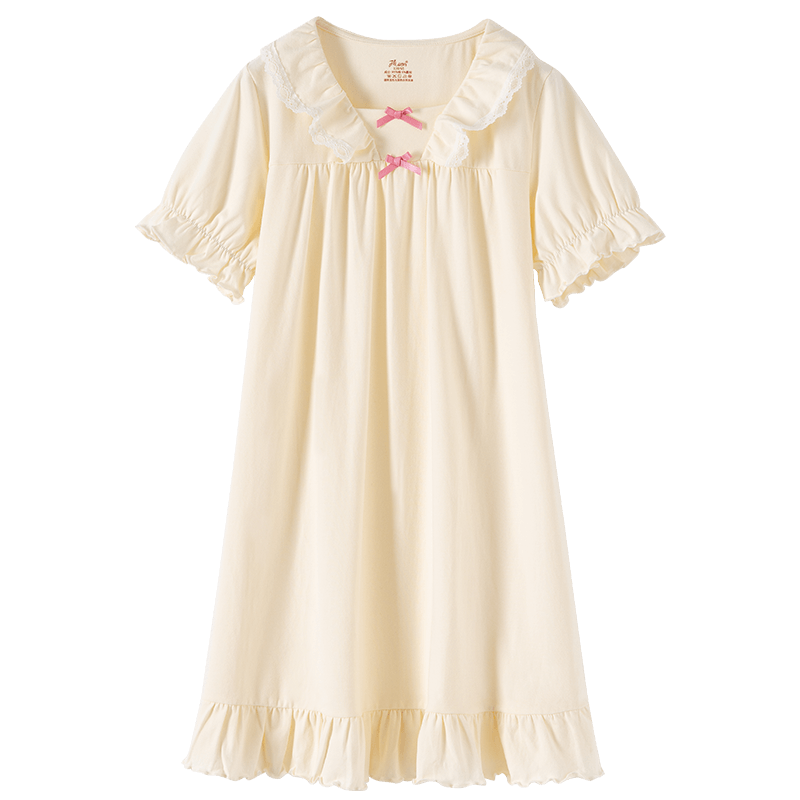 Dingguagua Girls' Summer Princess Style A-Class Pure Cotton Long Nightgown Children's Pajamas Homewear Parent-Child Dress Vanilla Yellow 130