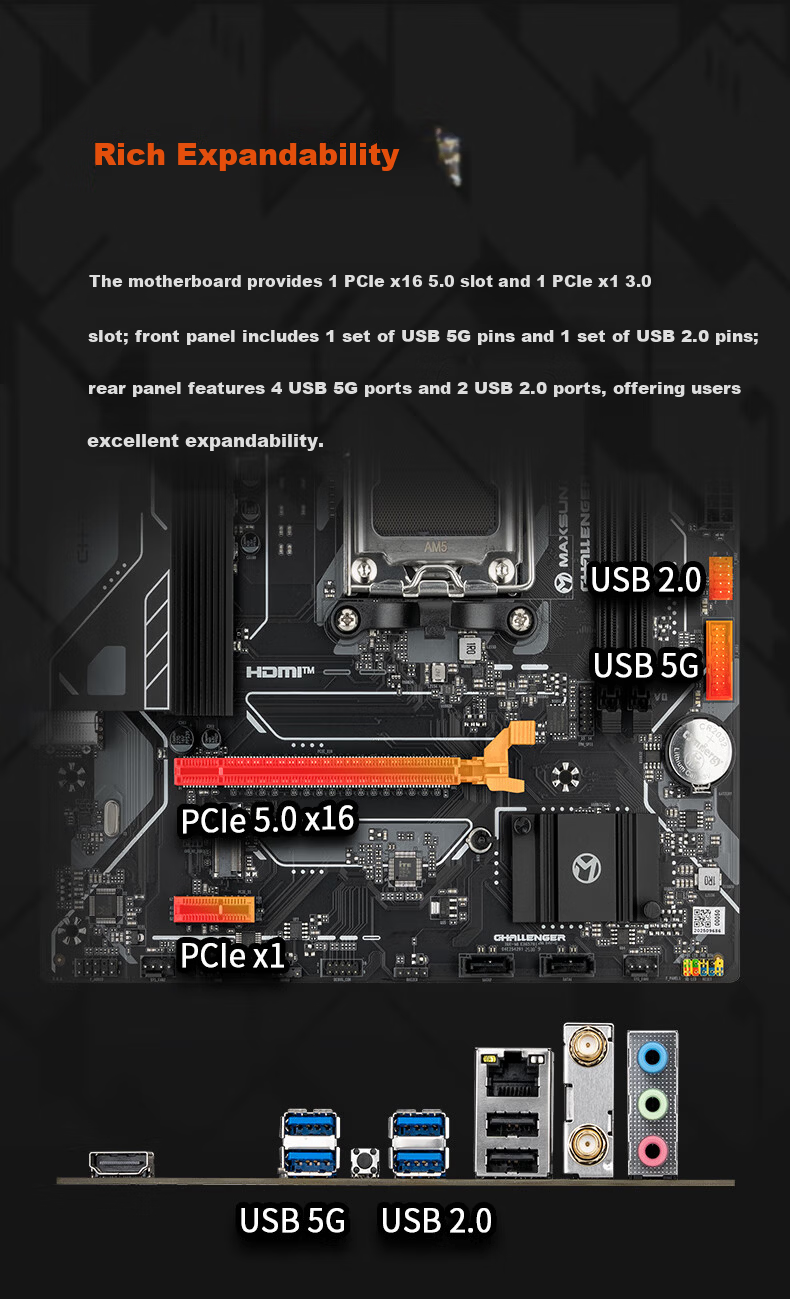 MAXSUN MS-Challenger B650M-K WIFI Motherboard DDR5 Support AMD CPU AM5 9500F/9600X/7500F (AMD B650/AM5 Socket) 6