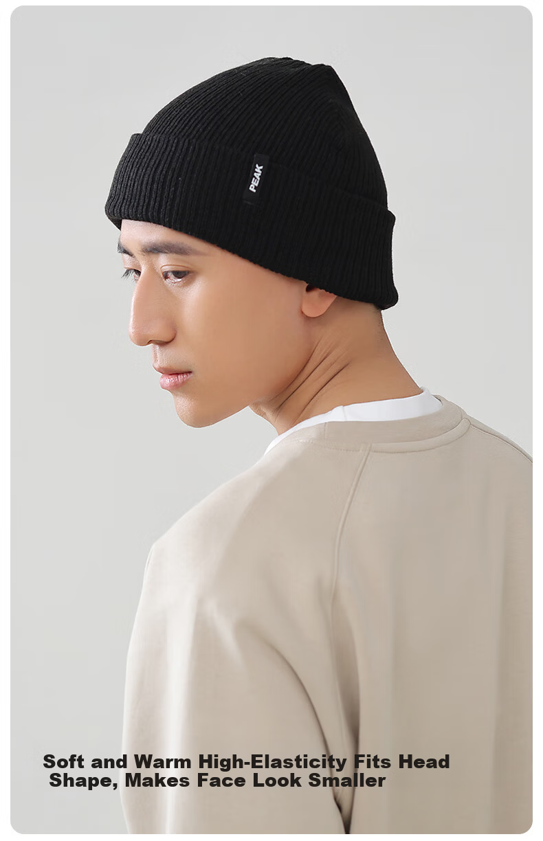 Peak Unisex Thickened Warm Knitted Hat Autumn Winter Ski Cycling Trendy Cold Weather Beanie Black 2