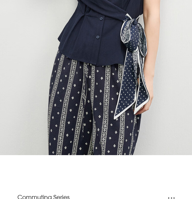 Shangdu Bila Linen Tencel Commuter Shirt Women Spring Summer Printed Tie Pleated Waist Slimming Blouse Turn-down Collar Top 2