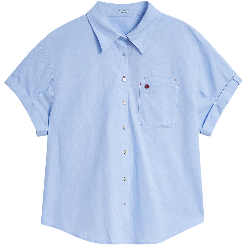 INMAN Linen Cotton Salt Style Loose Short Sleeve Shirt 26 Summer New Rolled Cuff Versatile Shirt Light Water Blue XL