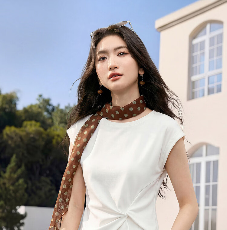 Shangdu Bira Raglan Sleeve Pure Cotton T-Shirt Women Spring Summer Crew Neck Knot Slim Fit Irregular Hem Tailored Casual Top 1
