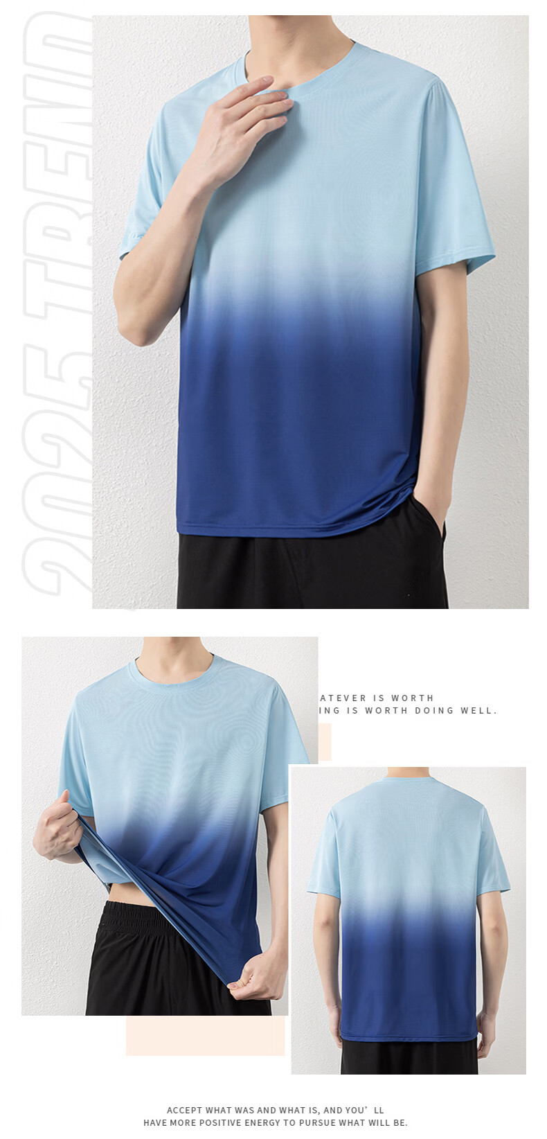 ROMON Men's Short Sleeve T-Shirt Summer Gradient Quick-Dry Breathable Cool Ice Silk Top Light Blue M 8210 15