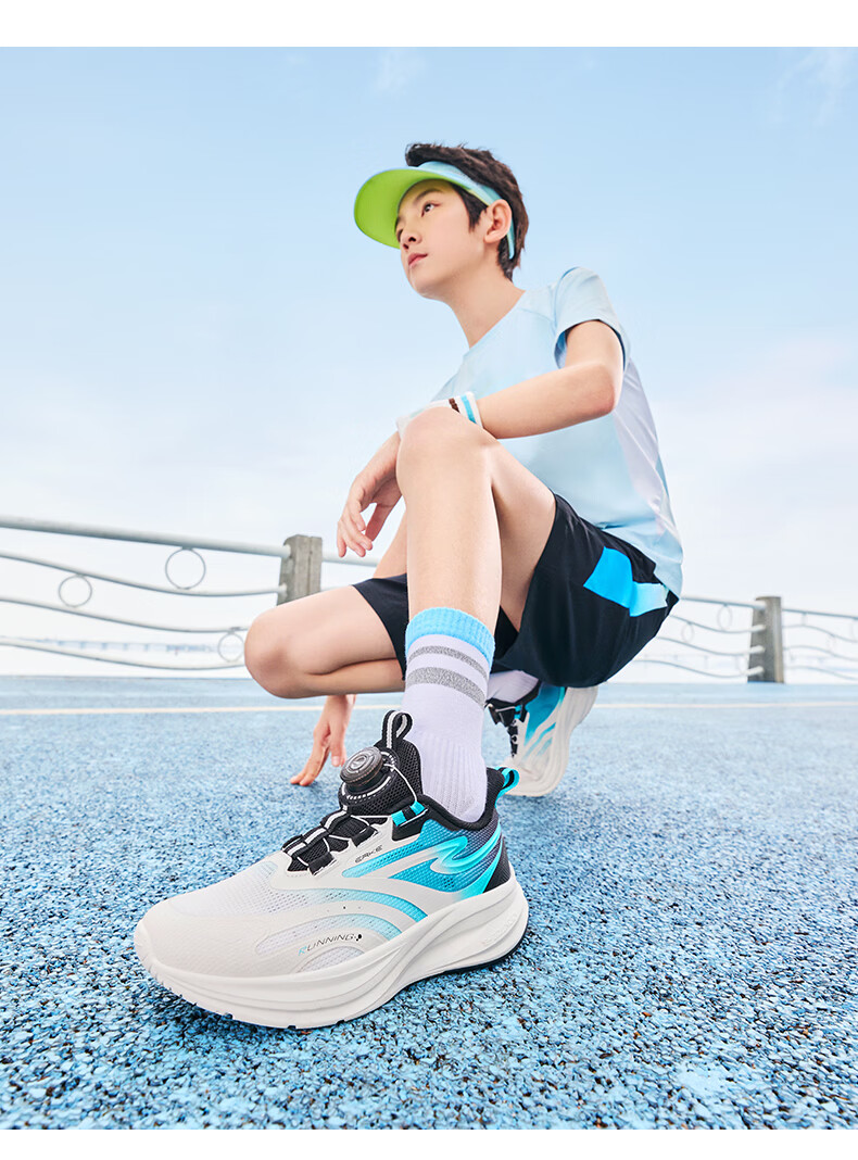 ERKE Kids Unisex Shock-Absorbing Sports Shoes Children's Dial Buckle Lightweight Running Shoes White/Summer Coconut Blue Size 36 24