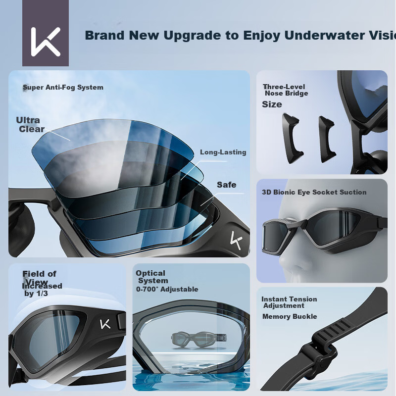 Keep Mist Shield Swimming Goggles Unisex HD Professional Advanced Long-Lasting Anti-Fog Swimming Glasses Night Black 300