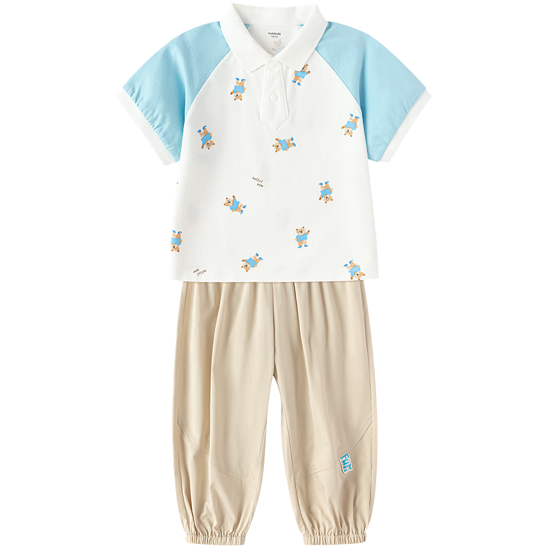 Balabala Boys Short Sleeve Set Kids Baby 2026 New Summer Raglan Sleeve Delicate Bear Two-Piece Skin-Friendly