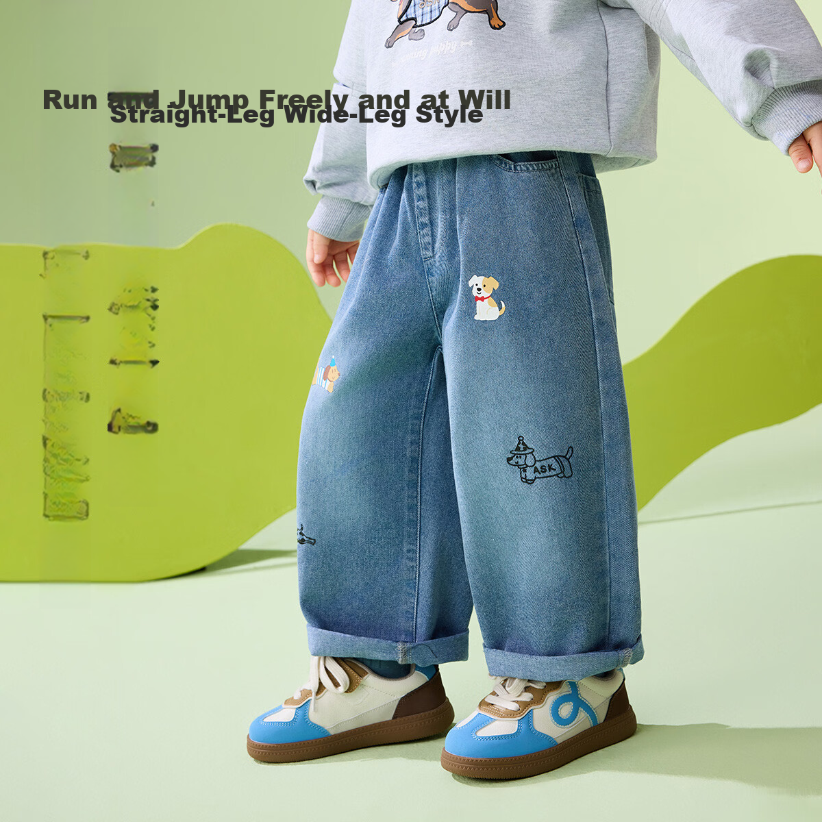 ASK JUNIOR Kids Pants 2026 Spring Toddler Boys Denim Fun Graffiti Loose Straight Casual Trousers 2