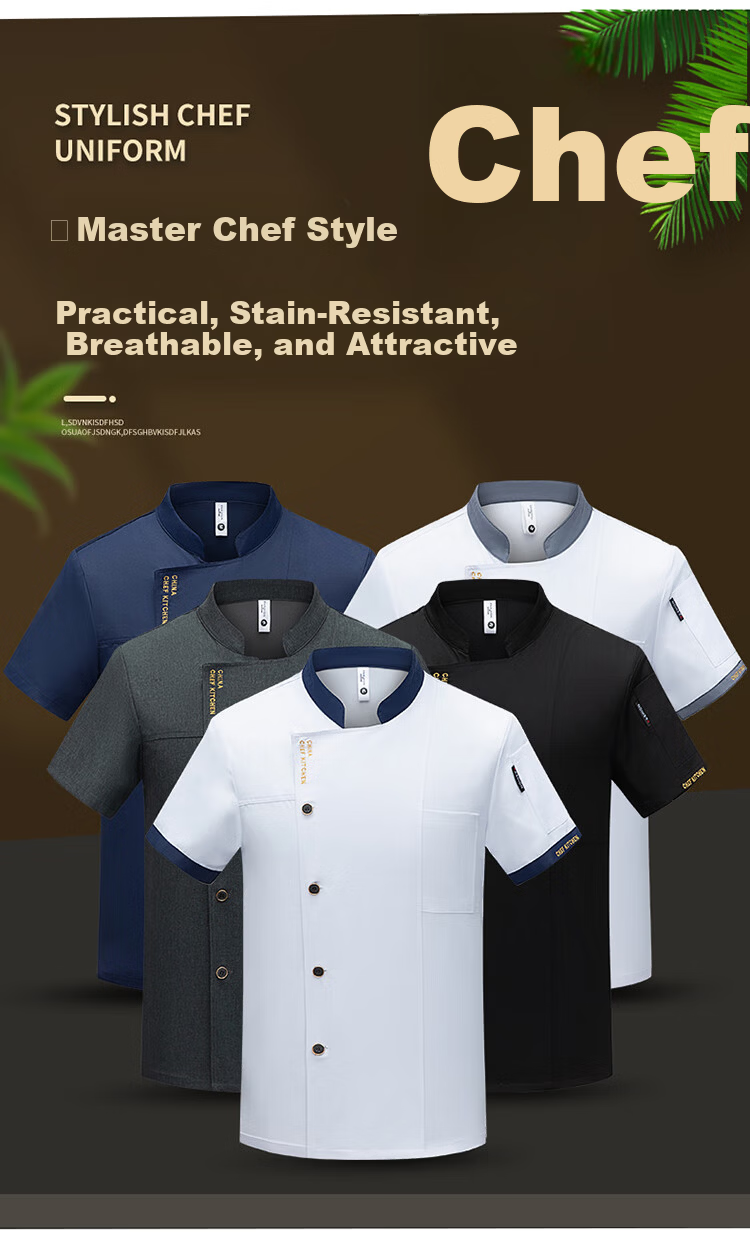HANMANKE Summer Chef Workwear Short Sleeve Set Men Kitchen Uniform Work Clothes Custom Black Single Top 2XL 7