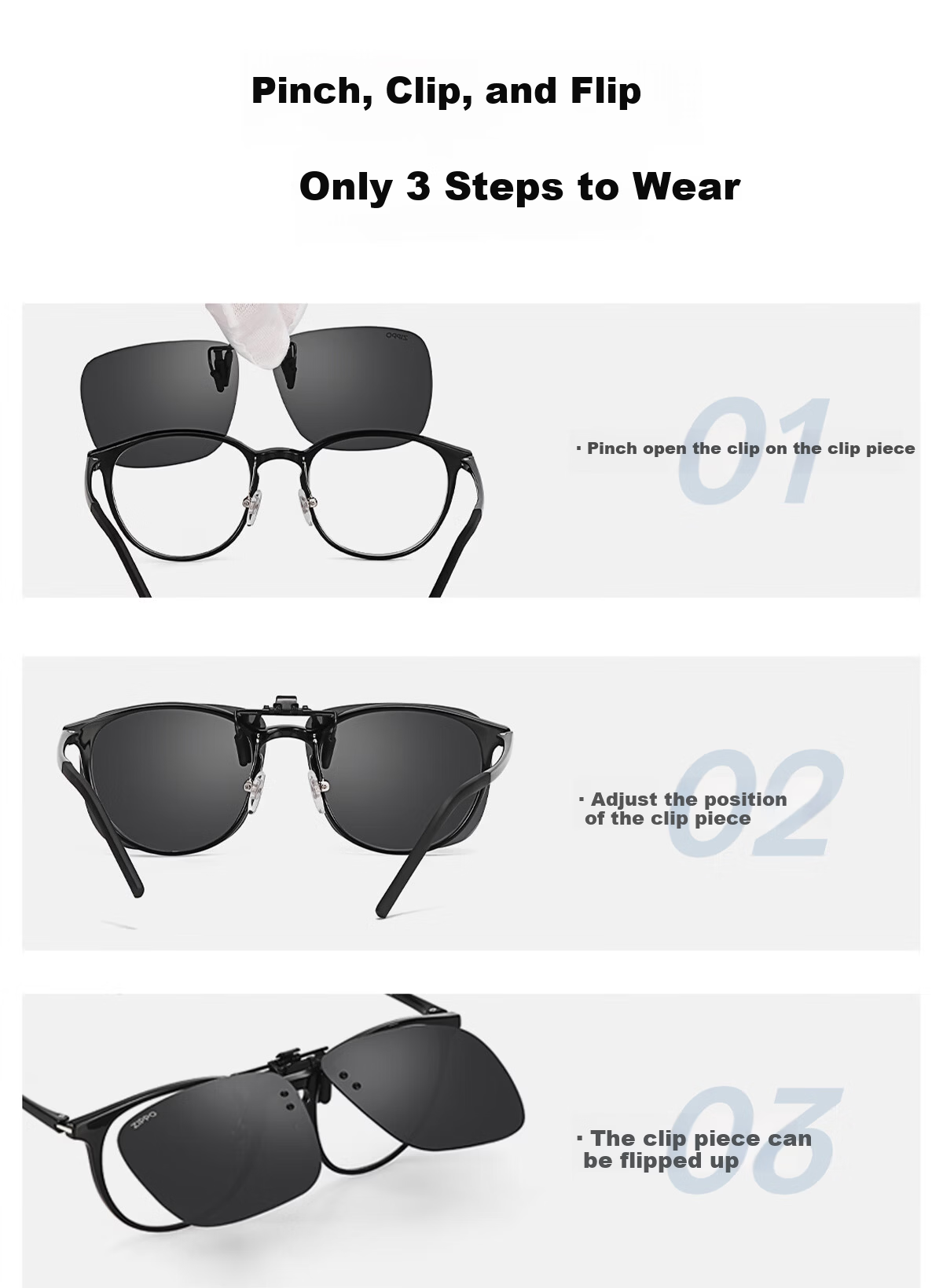 ZIPPO USA Polarized Clip-On HUD Heads-Up Display Photochromic Sunglasses Anti-Glare Electric Vehicle Driving 06E77 19