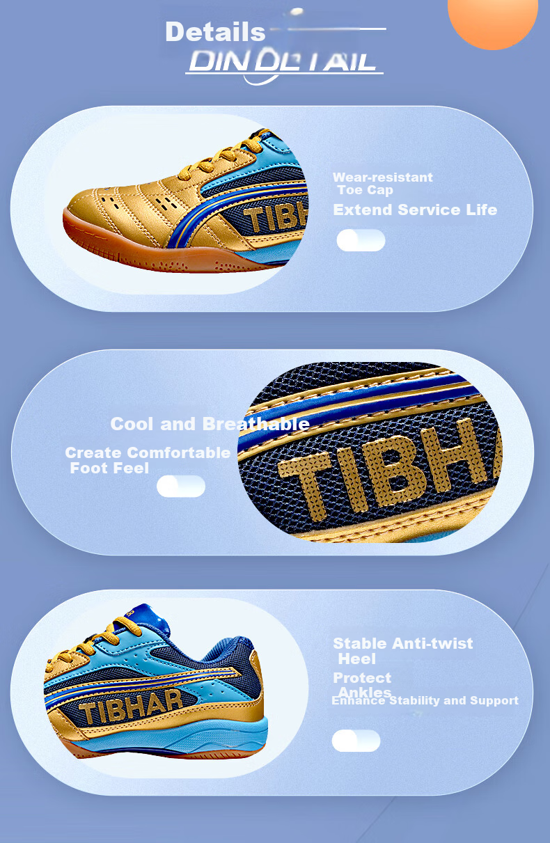 TIBHAR Professional Breathable Durable Table Tennis Shoes for Men and Women 01918 Blue Gold Size 37 5