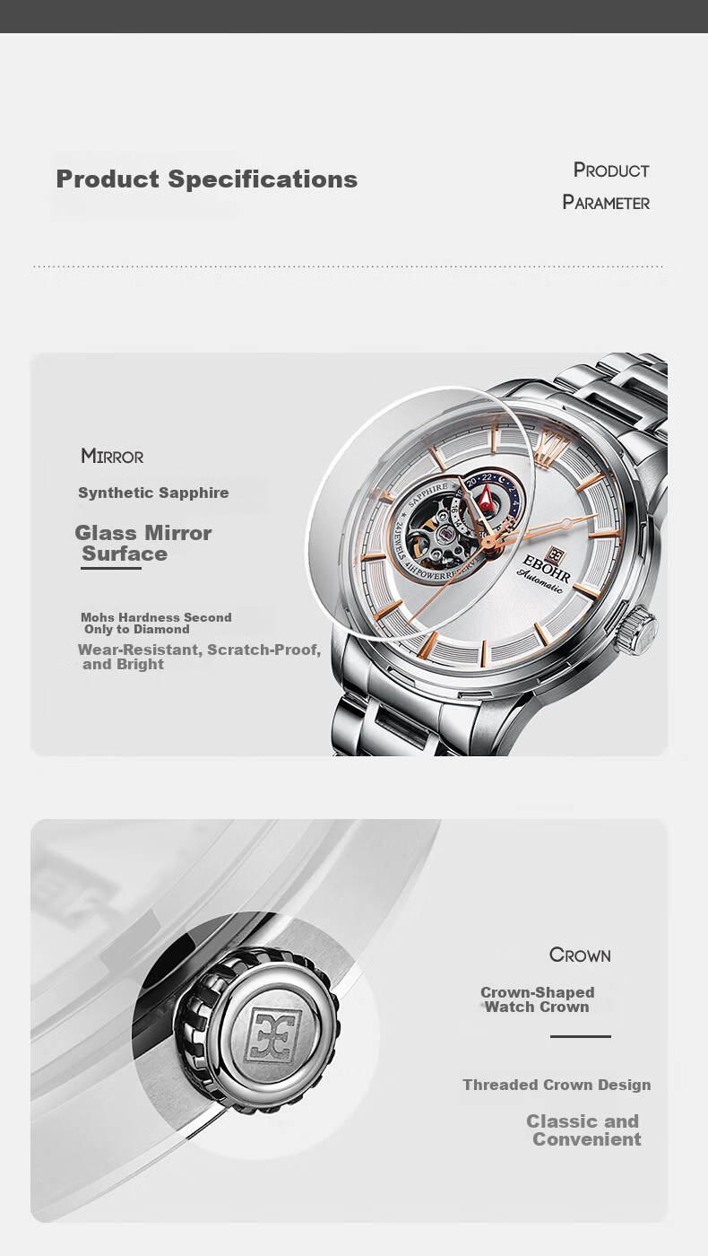 EBOHR Men's Skeleton Automatic Mechanical Watch Stainless Steel Band Authentic National Brand 24-Hour Dial New Year Gift 17