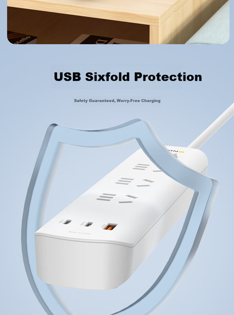 Ximino Digital Power Strip USB Multi-Port Extension Cord PD 20W/65W Socket Board Home Multifunctional Socket Master Control 3 Outlets 65W 1.5m 7